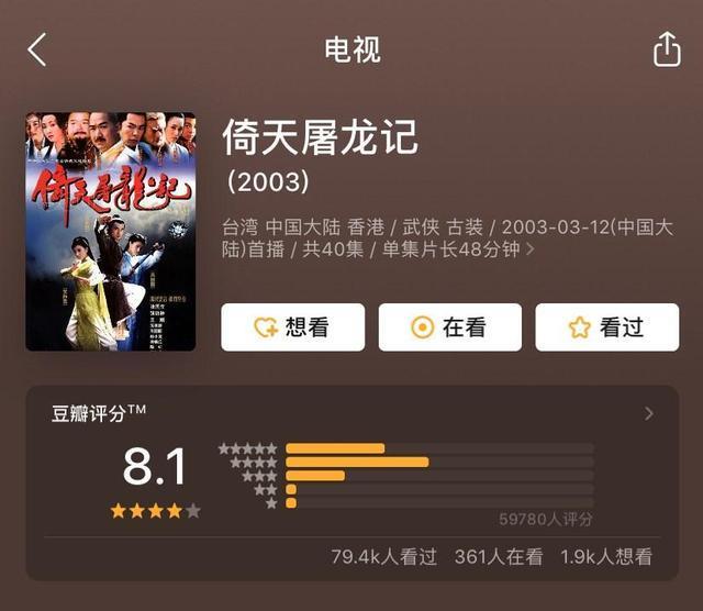 四版《倚天屠龙记》豆瓣评分，曾舜晞版竟非最低，邓超版才是心酸